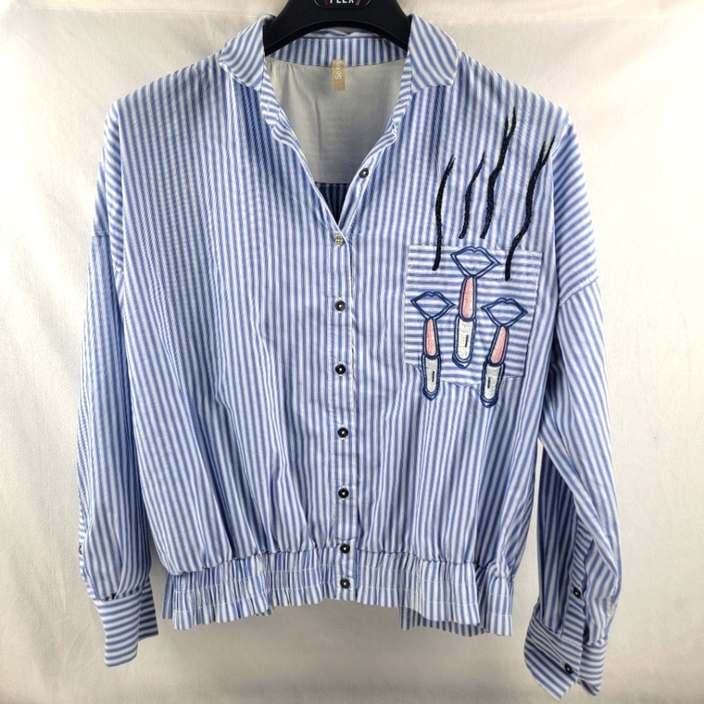 So French pinstripe embroidered cinched bottom‎ button down shirt Size 36/4